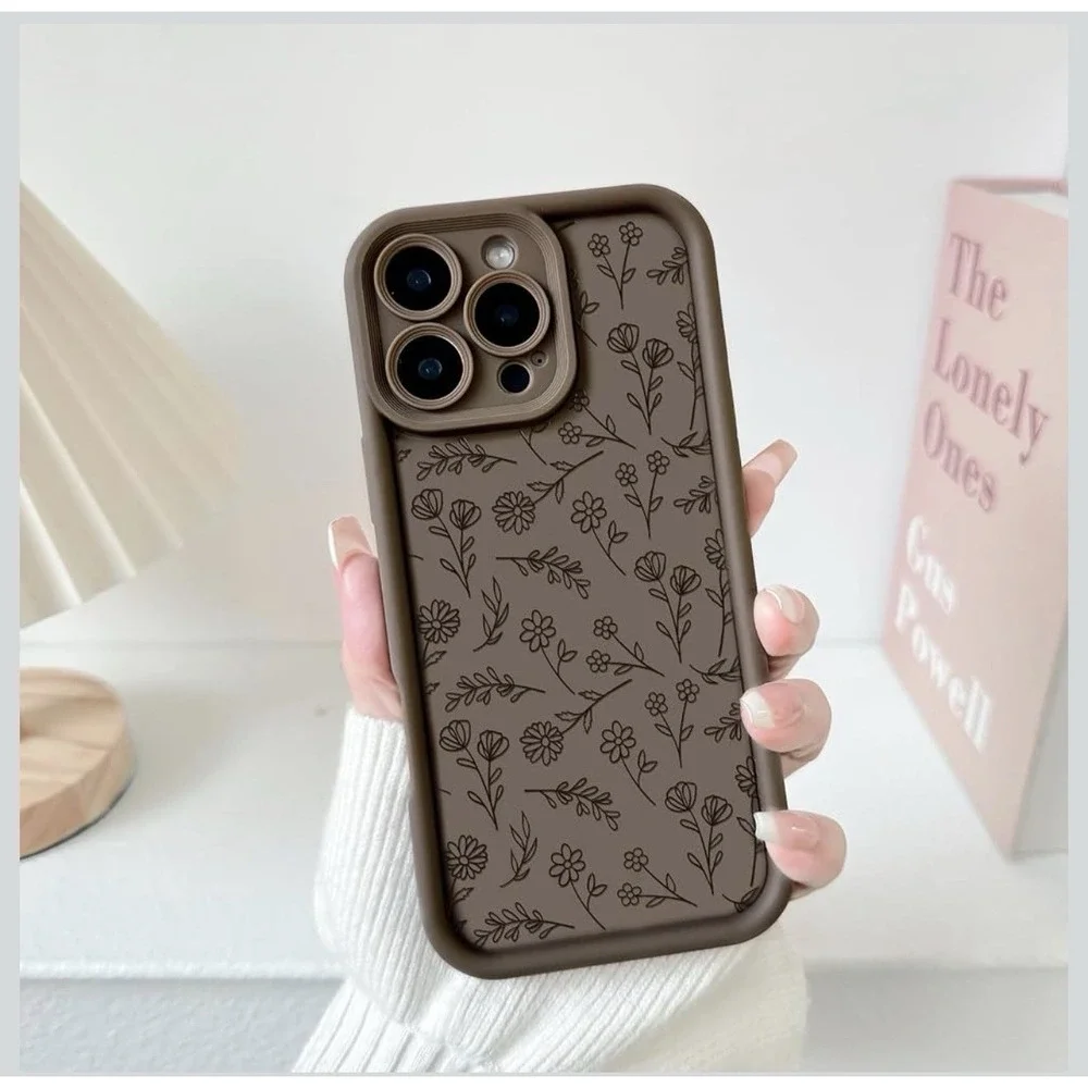 D0043-iPhone 16 Pro Case Coffee Brown Floral Shockproof Cover 6.3 inch 2024